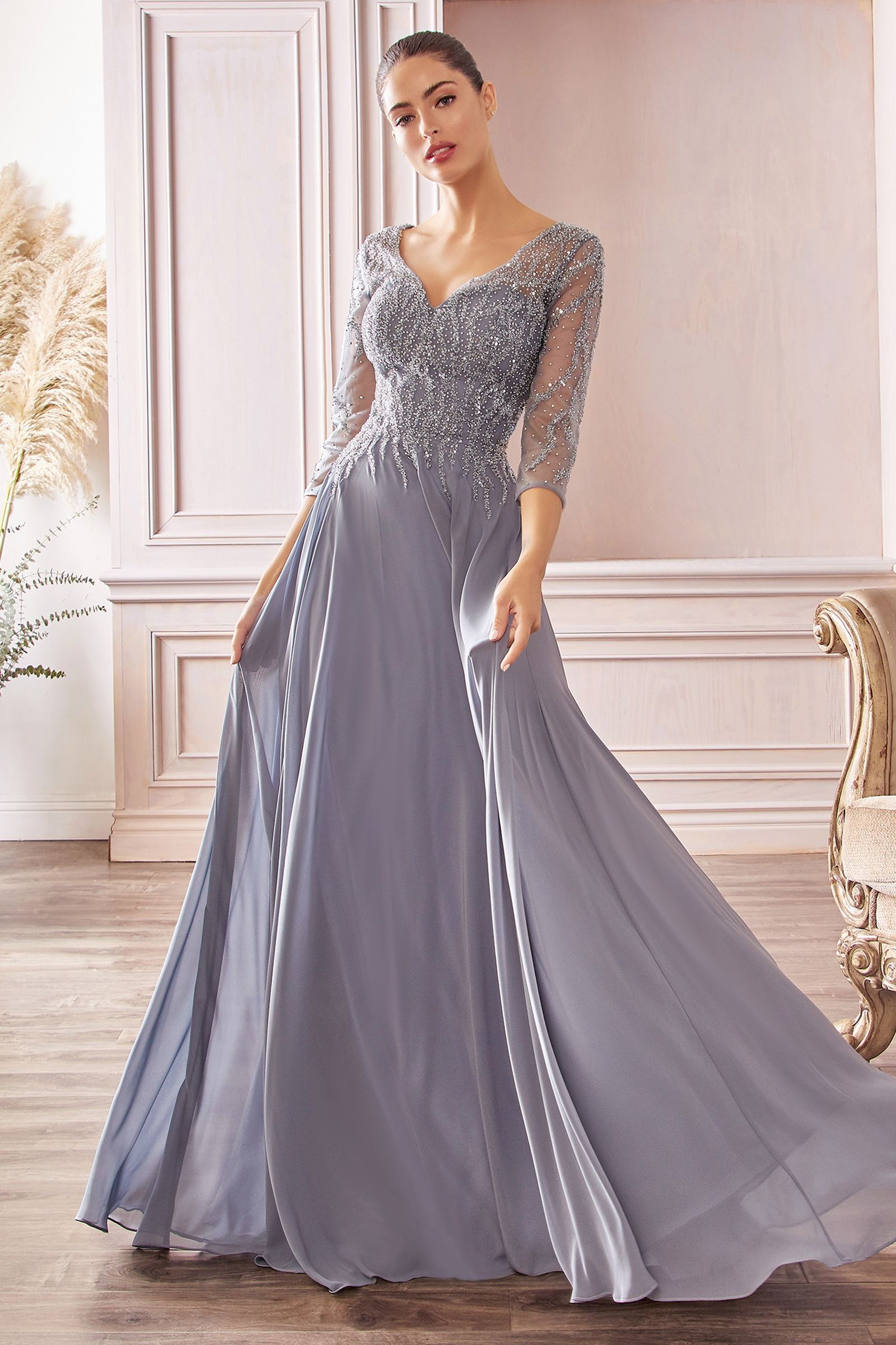 Chiffon A-Line Gown w/ Long Sleeves-smcdress
