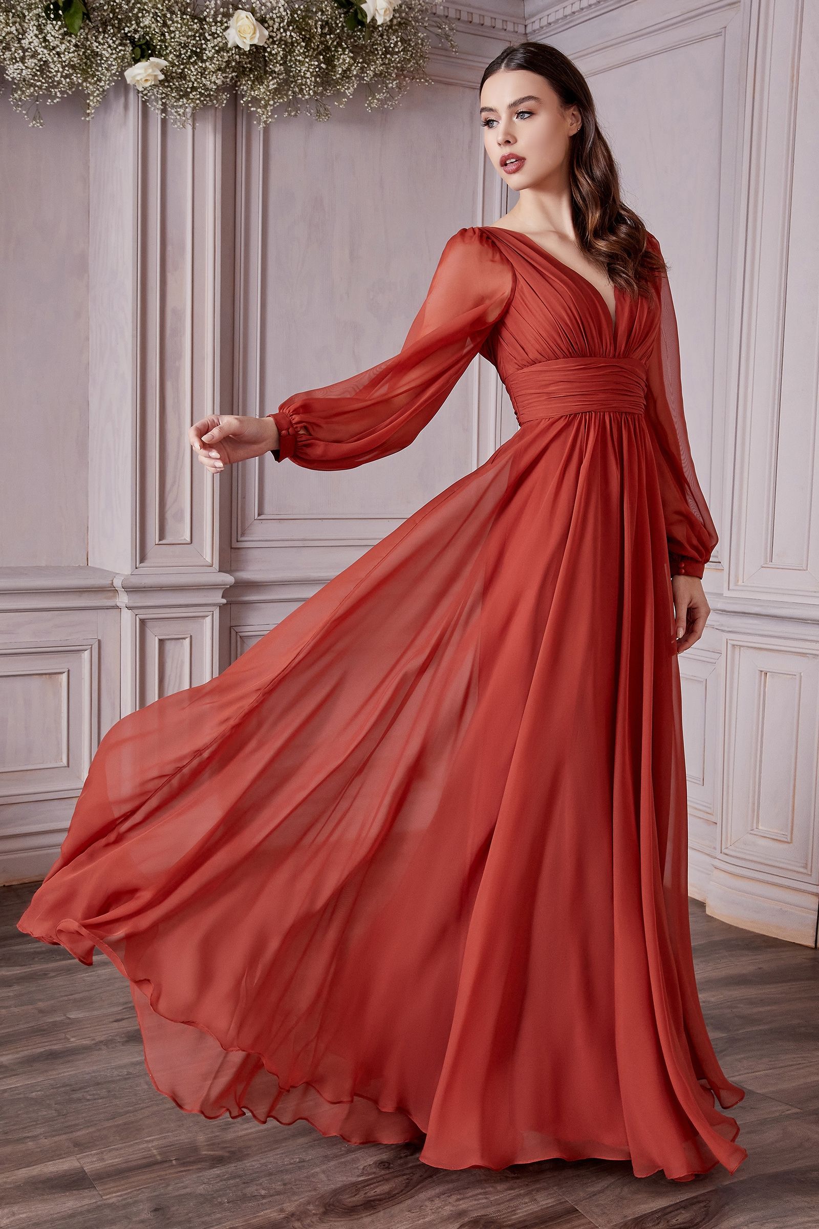 Long red chiffon dress best sale