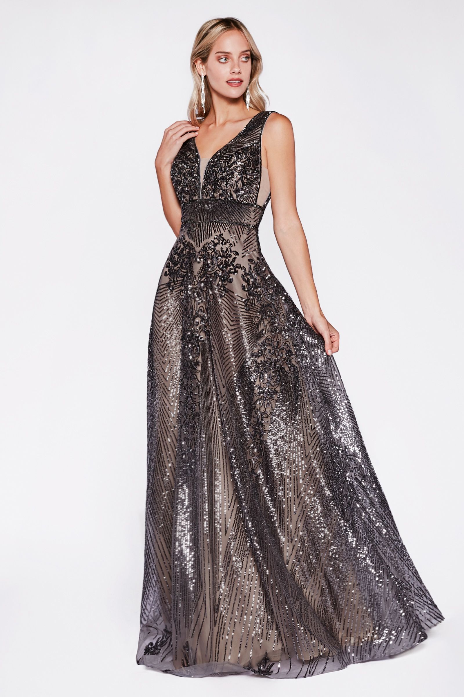 Gown with sequin geometric pattern and open back-smcdress