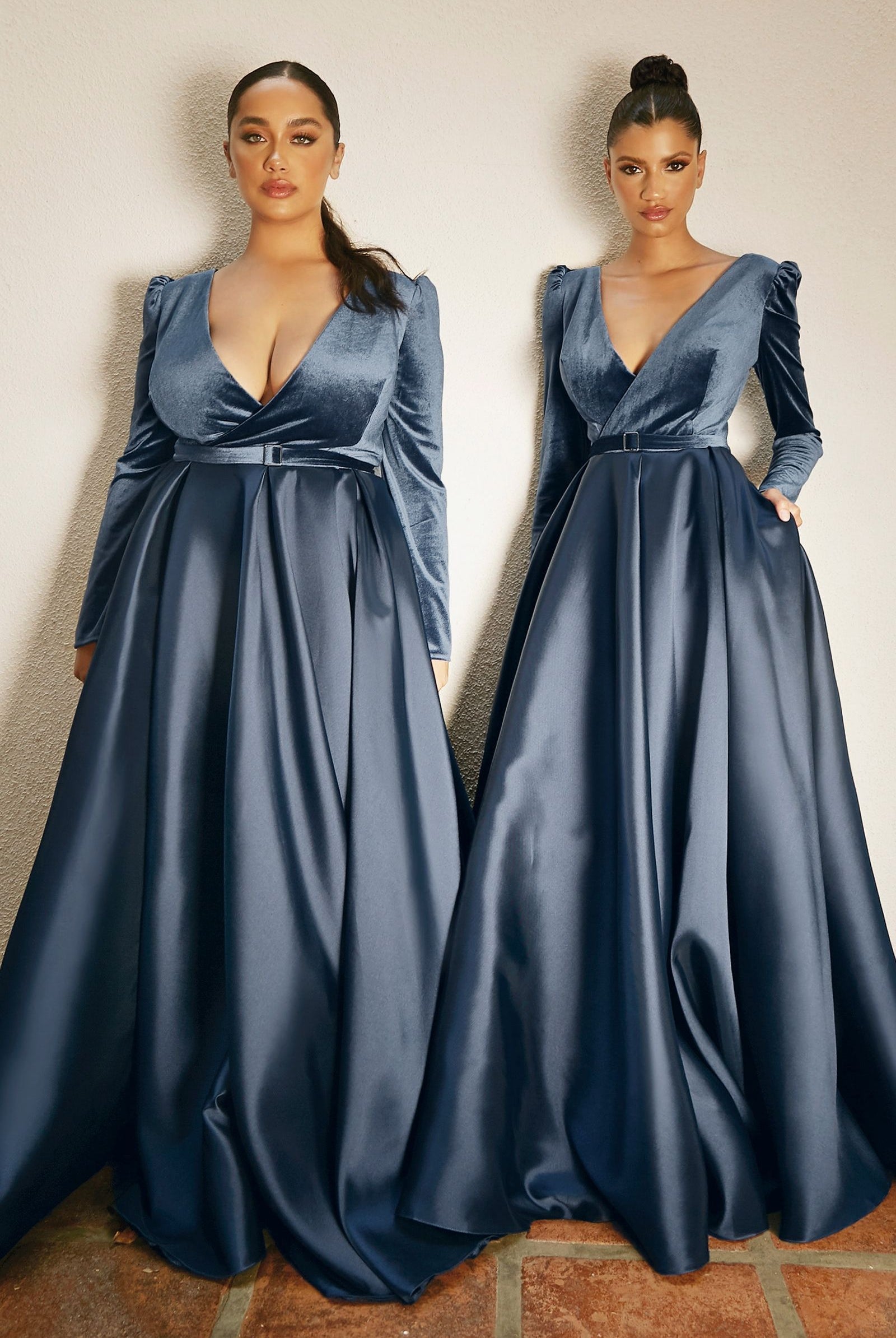 Velvet & Mikado Ball Gown w/ Long Sleeves-smcdress
