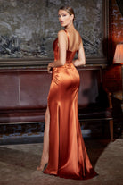 Gathered Satin Gowns: Adjustable Bodice, Deep V-Neckline, A-line Skirt with High Leg Slit-smcdress