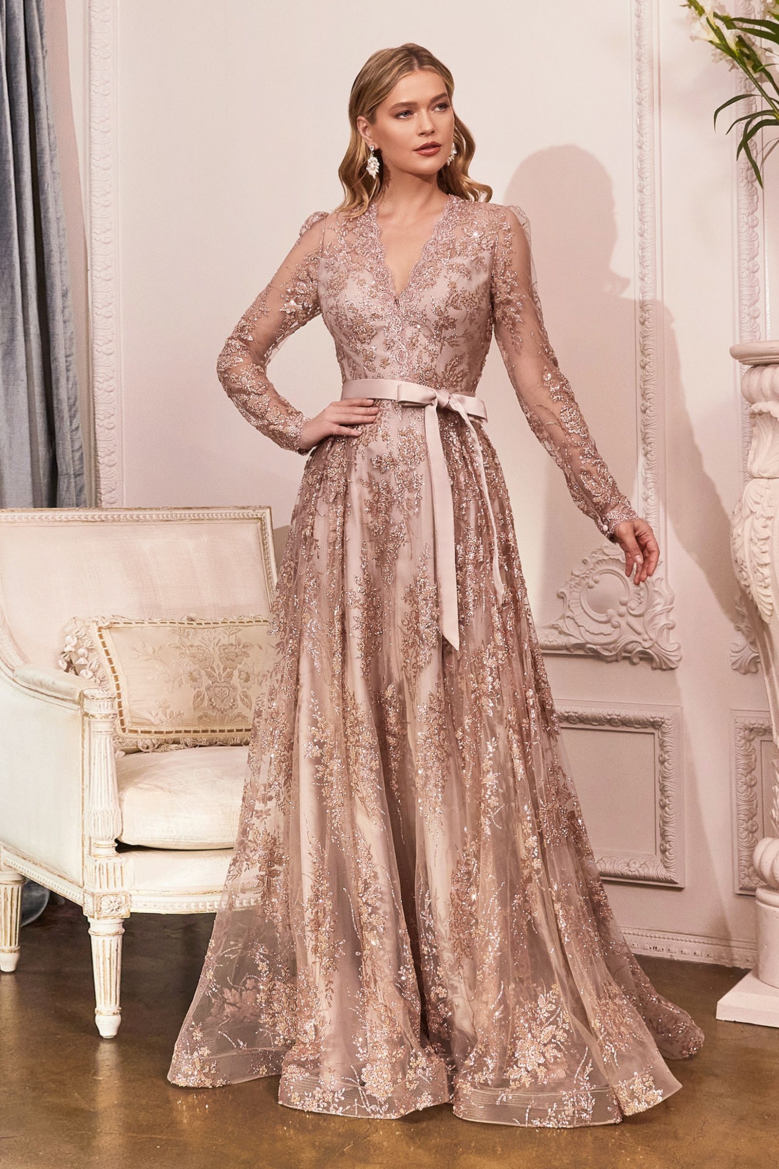 Embellished Ball Gown, Long Sleeve-smcdress