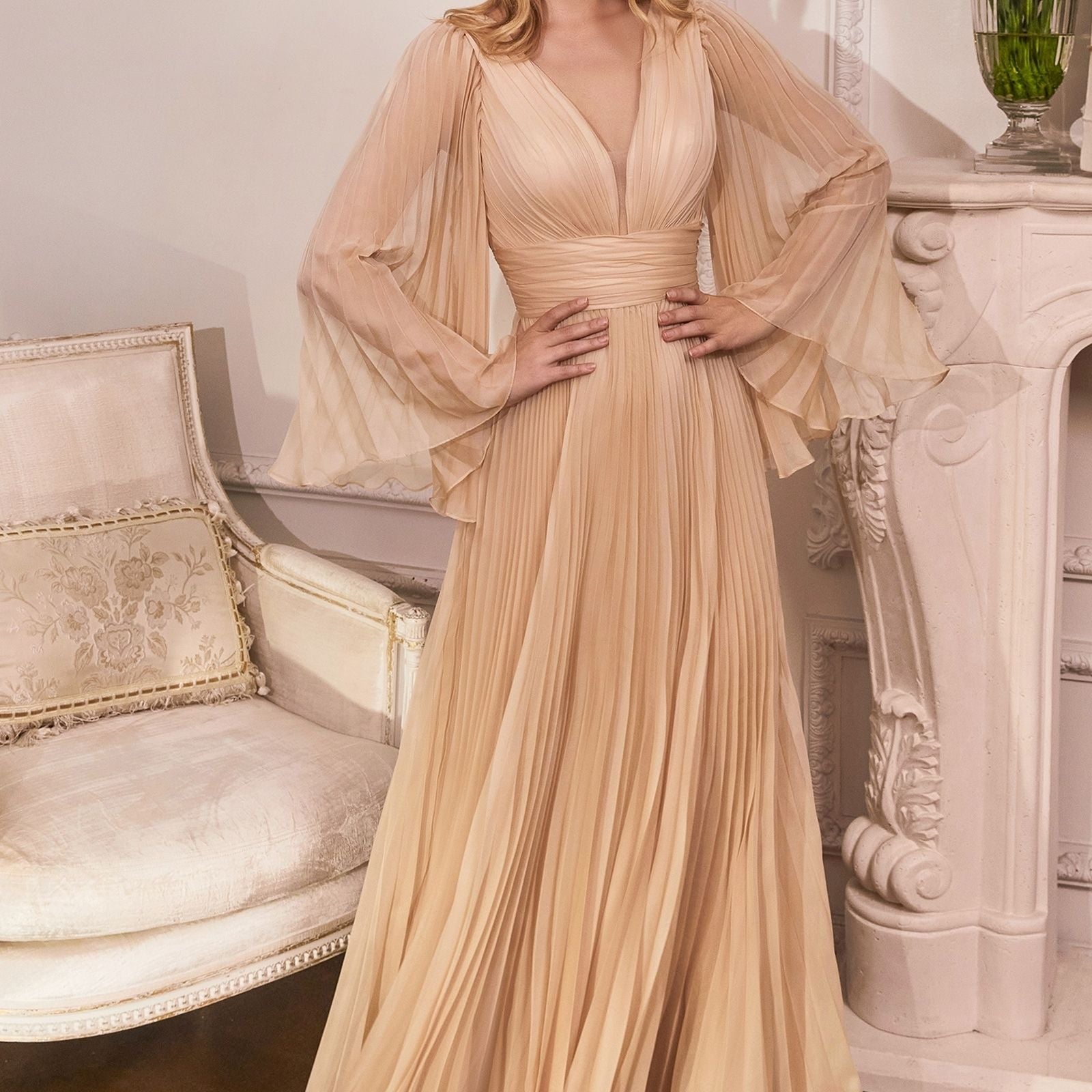 Pleated Chiffon Gown with Deep V-neckline, perfect for Mother of the Bride!-smcdress