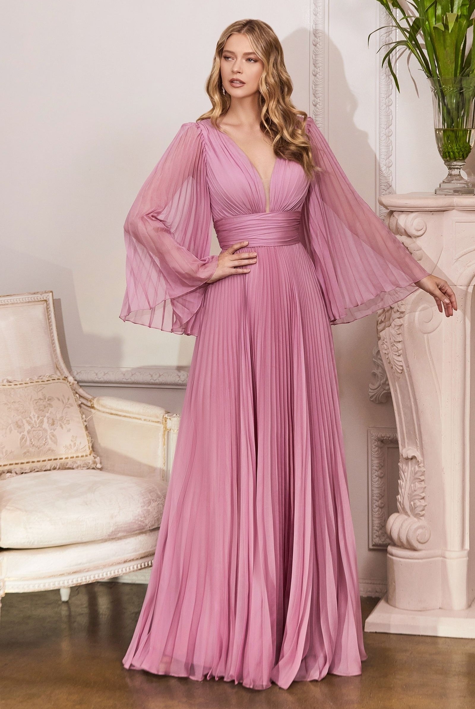 Pleated Chiffon Gown with Deep V-neckline, perfect for Mother of the Bride!-smcdress