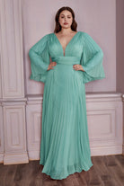 Plus Size Chiffon Prom Dress w/ Long Sleeve, V-neck, A-line & Pleats-smcdress
