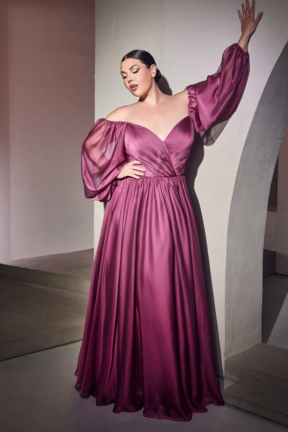 Elegant Long Sleeves A-line Chiffon Gown, Plus Size Luxury Royal Style-smcdress