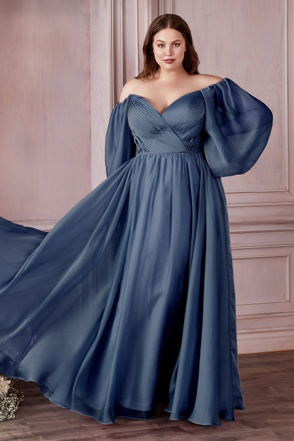 Chiffon Royal Blue Evening Gown Plus Size Elegant Long Sleeves