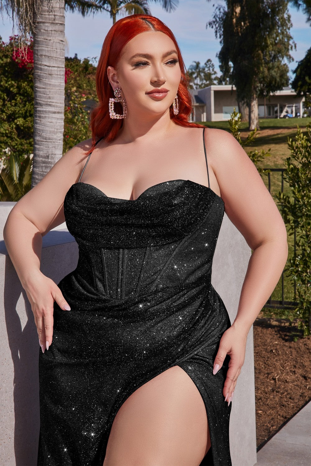 Plus-Size Glitter Gown w/ Cowl Neck, Sensual Bodice, Mermaid Silhouette, Leg Slit & Elegant Curve-smcdress