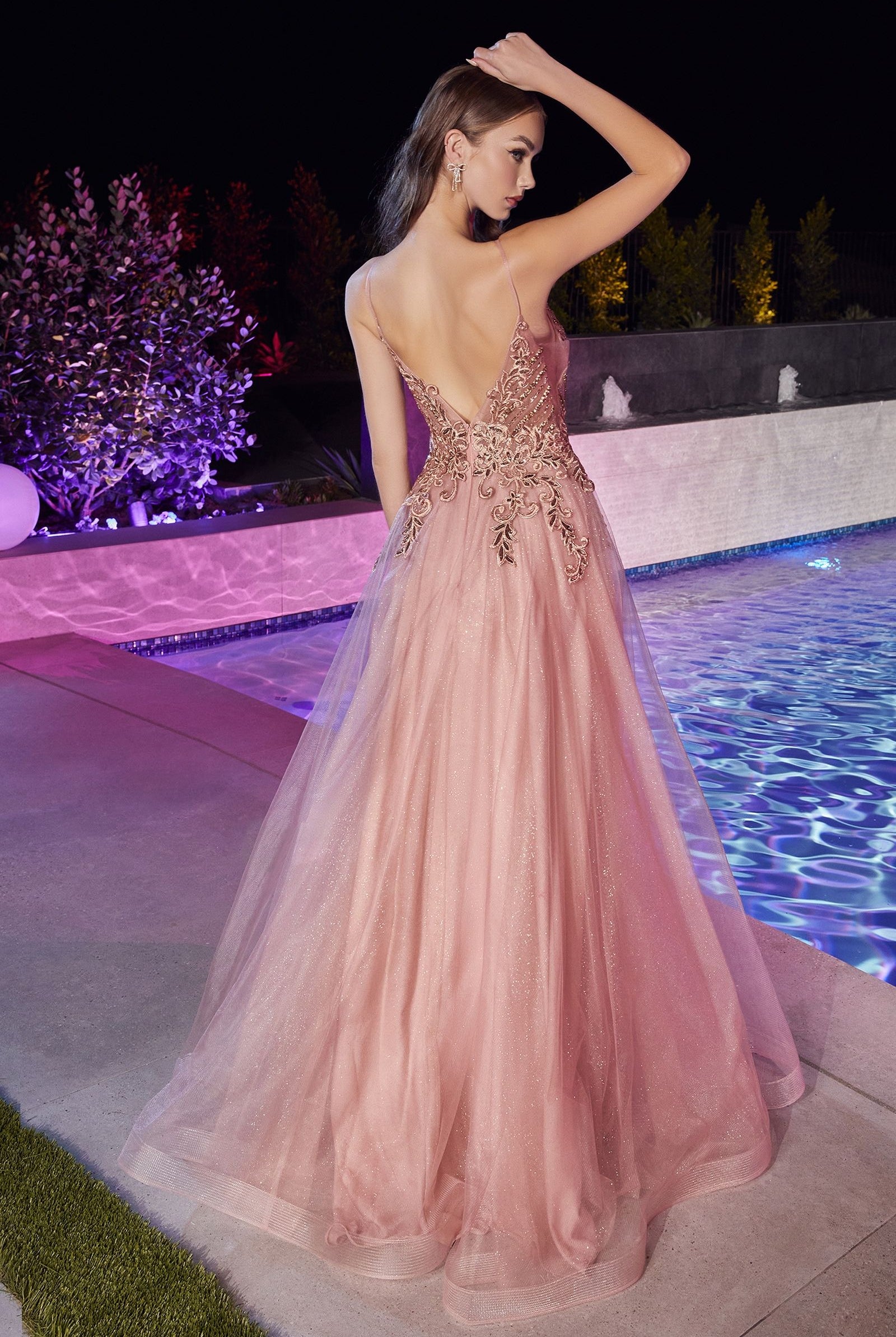 Vintage Tulle Prom & Bridesmaid Gown, Glittery Embroidered Bodice, Deep V-neck & Pointy Back-smcdress