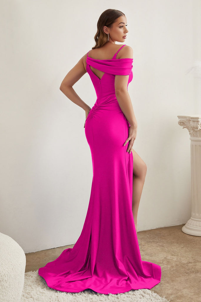Assymetrical V-neck Glittery Bodice Sexy Stretch Satin Prom Gown for Evening Gala & Red Carpet-smcdress