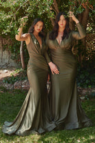 Olive long satin evening dress