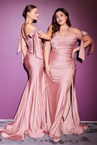 Off- or on-shoulder bodice prom & bridesmaid dress with leg slit in stretch luxe jersey-smcdress