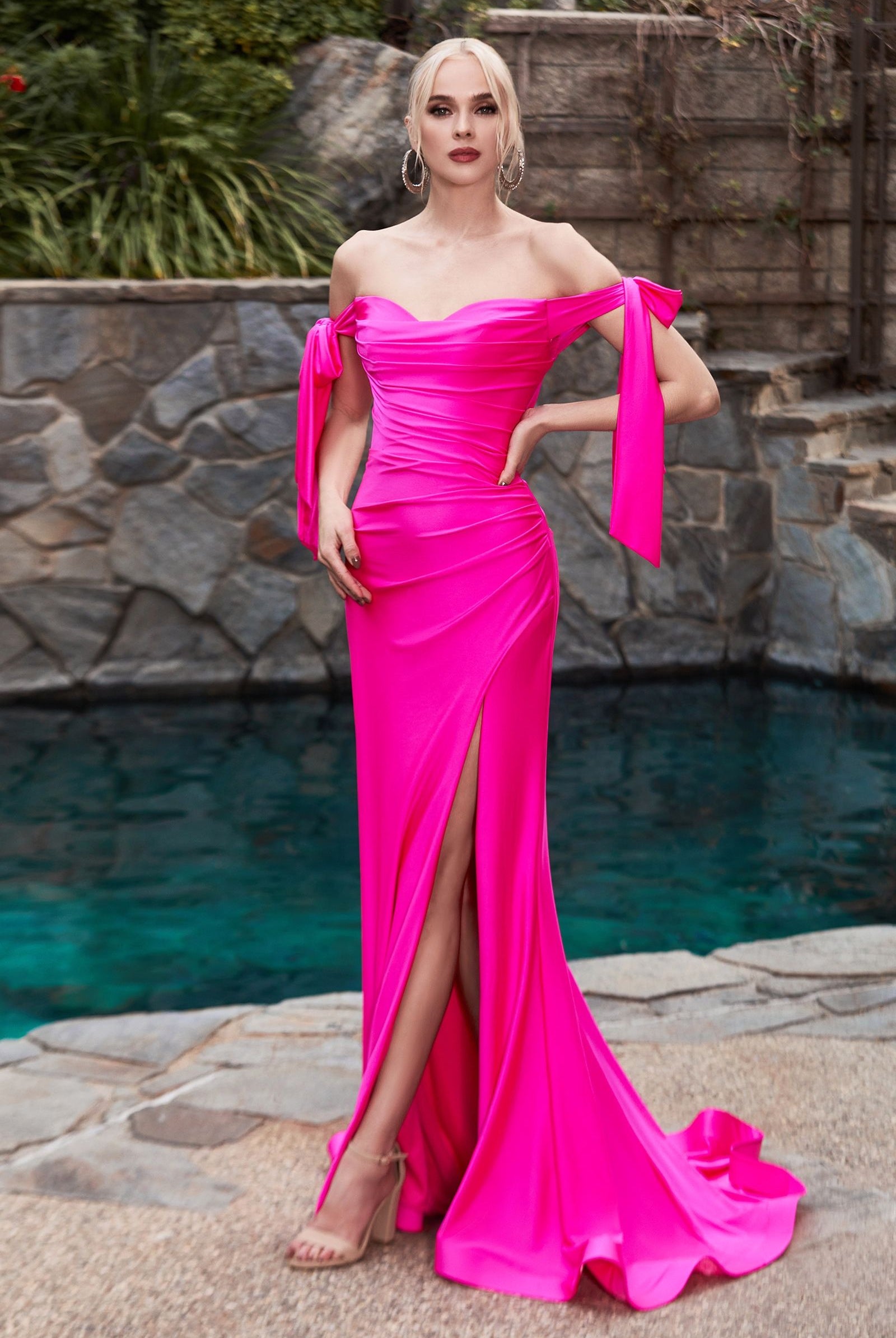 Stretch Luxe Jersey Dress for Prom & Bridesmaids with Sexy Formal Gown, Shoulder Bodice & Leg Slit-smcdress
