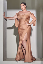 Curve-fitted jersey gown with off-shoulder bodice, relaxed trumpet skirt, and leg slit-smcdress