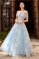 Light Blue Gold Strapless Floral Gown w/ Sheer Corset Bodice, A-line & Modern Trend Formal Dress-smcdress