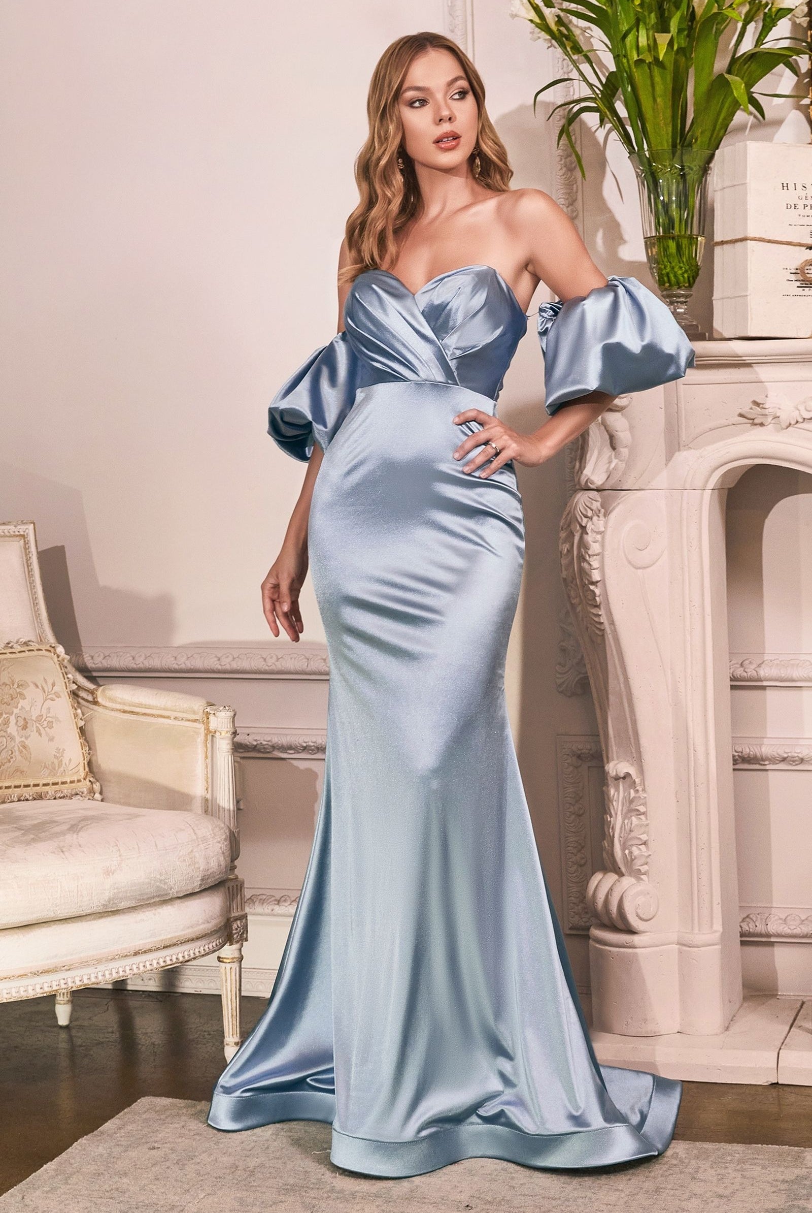 Satiny gown with puffy sleeve-smcdress