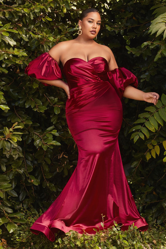 Satin Curve Gown w/Puff Sleeves-smcdress