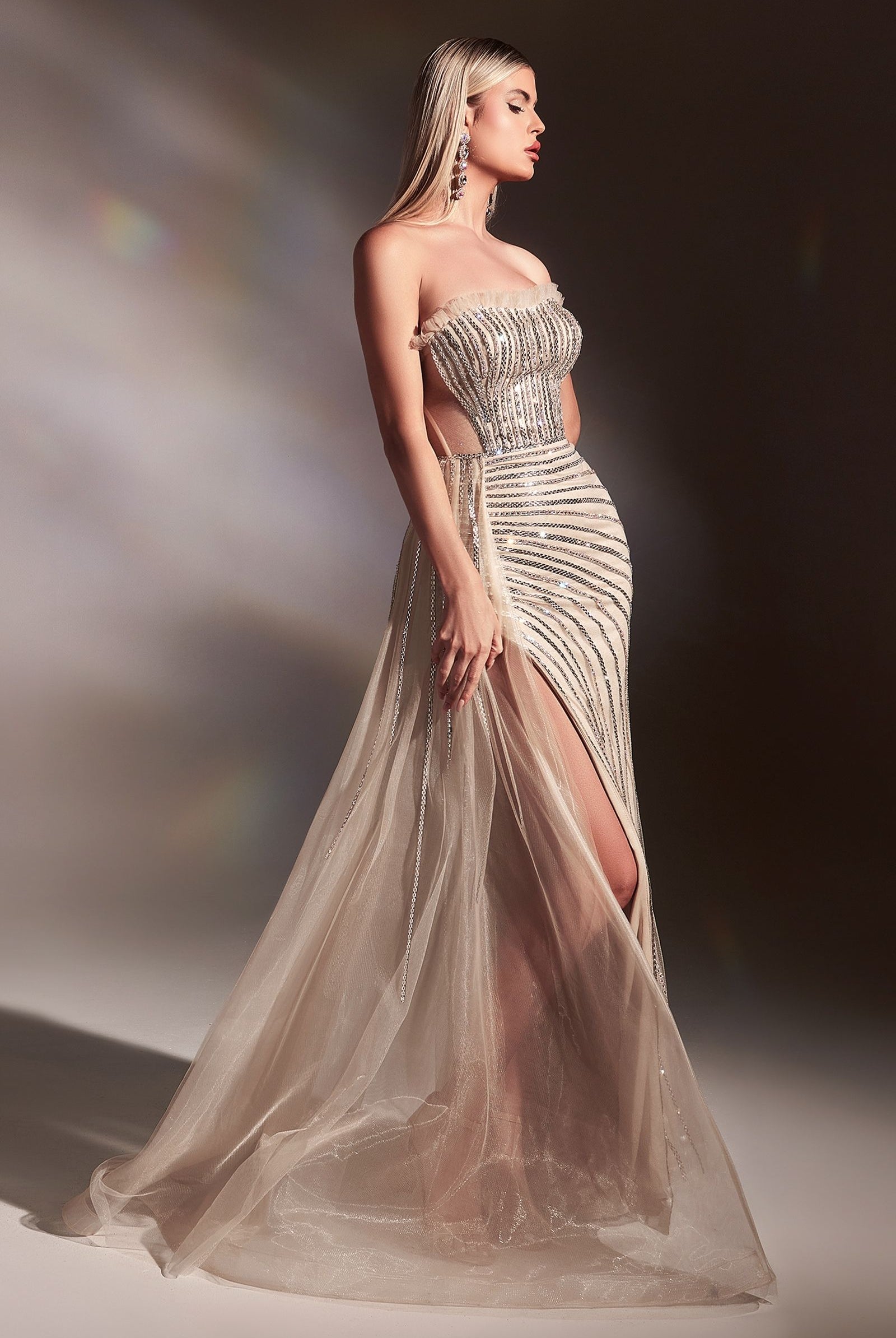 Fitted Golden Nude Gown with Sexy Right Overskirt and Rhinestone Details. Straigt Across Neck-smcdress