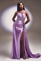 Fitted satin gown w/ lace detail-smcdress