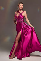 Fitted satin gown w/ lace detail-smcdress