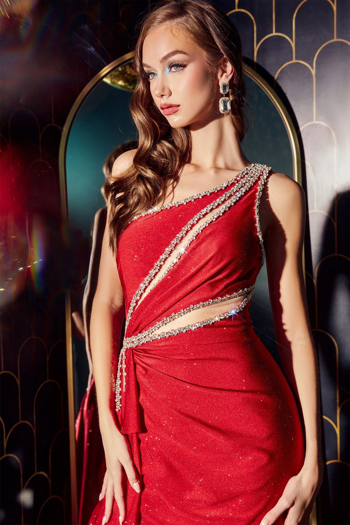 Embellished Satin Gown w/ Shoulder-smcdress