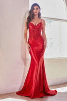 FITTED GLITTER & LACE STRETCH SATIN GOWN CDCDS450-smcdress