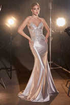 FITTED GLITTER & LACE STRETCH SATIN GOWN CDCDS450-smcdress