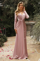 Long Sleeve Wrap Gown with V-Neckline-smcdress