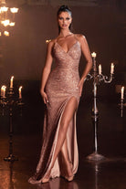 Gown: Gathered waist, ruched bodice, plunging neckline, lace-up back-smcdress