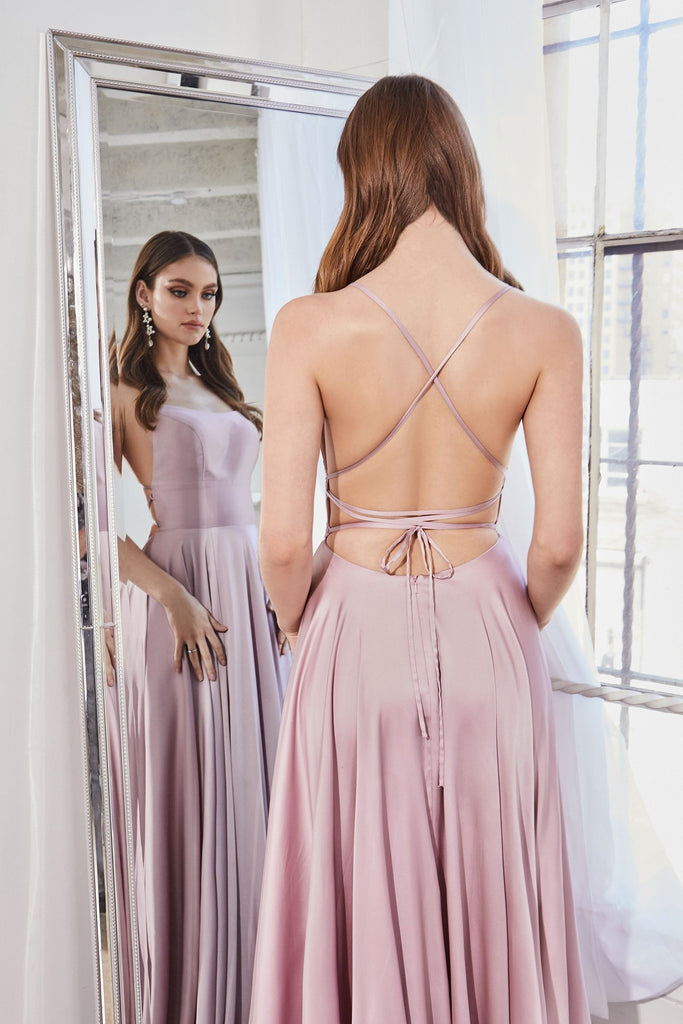 A-line Satin Dress w/ Lace-up Back-smcdress