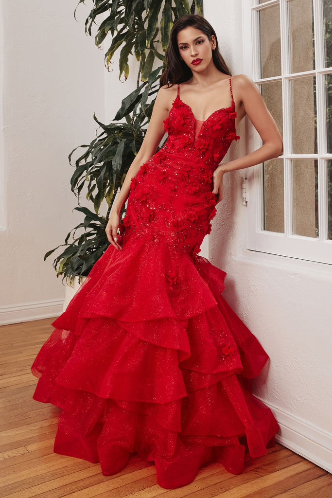 Floral Gown: Red Mermaid-Tiered-smcdress