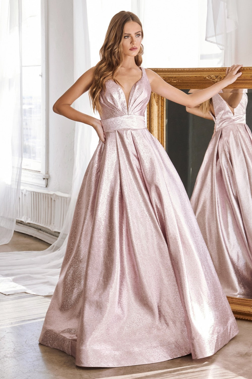 Cind Metallic Prom Pleated Bustline with Glittery Princess Skirt and Pockets 4 Blush