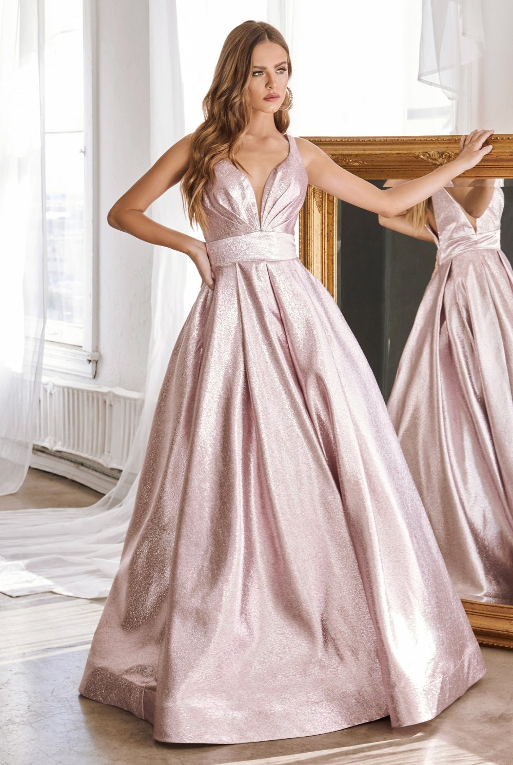 Metallic Prom Pleated Bustline with Glittery Princess Skirt and Pockets-smcdress