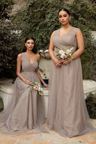 Tulle Adjustable Straps Open Back Long Bridesmaid Gown-smcdress