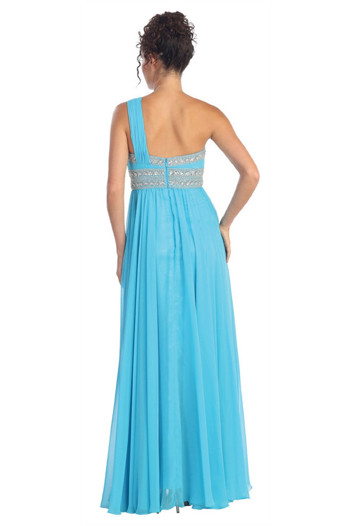 One Shoulder Floor Length Empire Dress with Jewel Detailing-smcdress