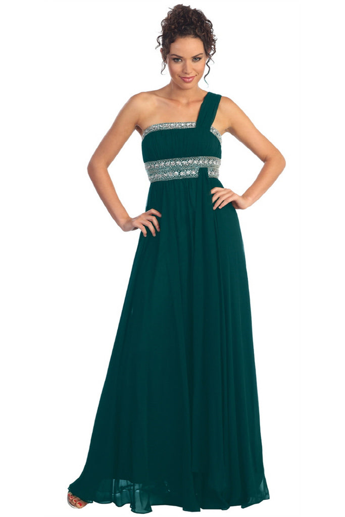 One Shoulder Floor Length Empire Dress with Jewel Detailing-smcdress