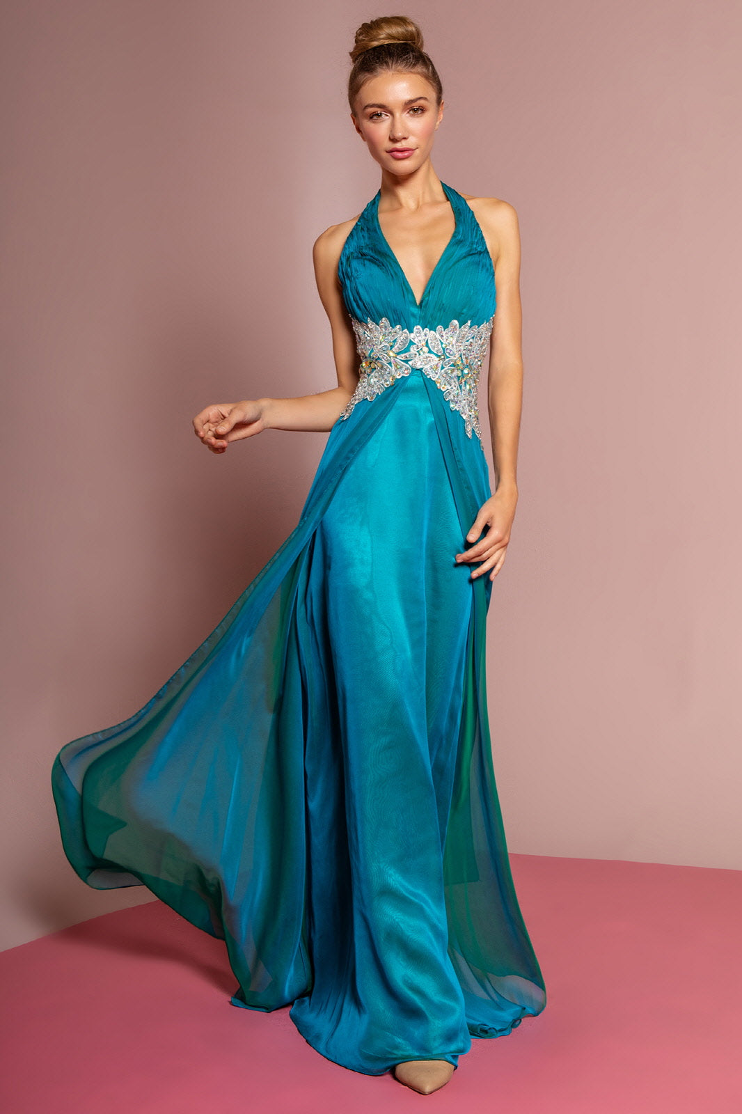 Halter Floor Length Dress Accented with Lace and Jewel-smcdress