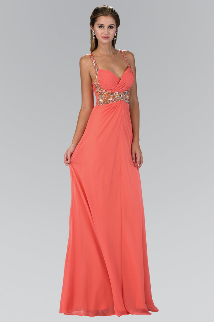 Jewel Embellished Chiffon Long Dress with Ruched Bodice-smcdress