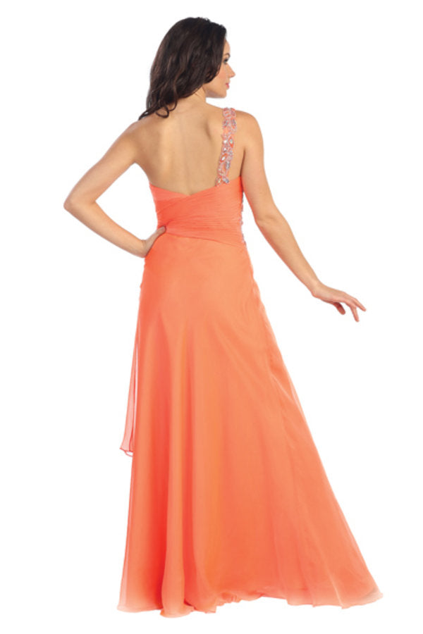 One Shoulder Jewel Embellished Chiffon Long Dress-smcdress