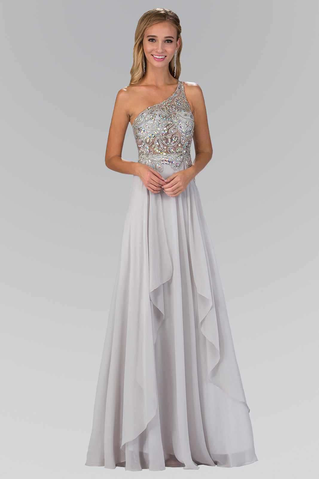 One Shoulder Dress with Bead and Jewel Embellished Bodice-smcdress
