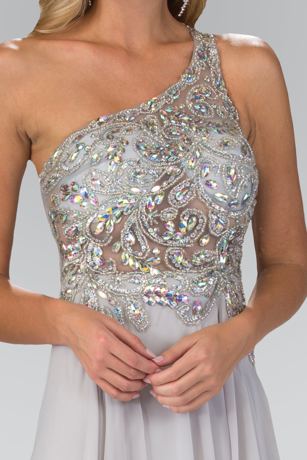 One Shoulder Dress with Bead and Jewel Embellished Bodice-smcdress