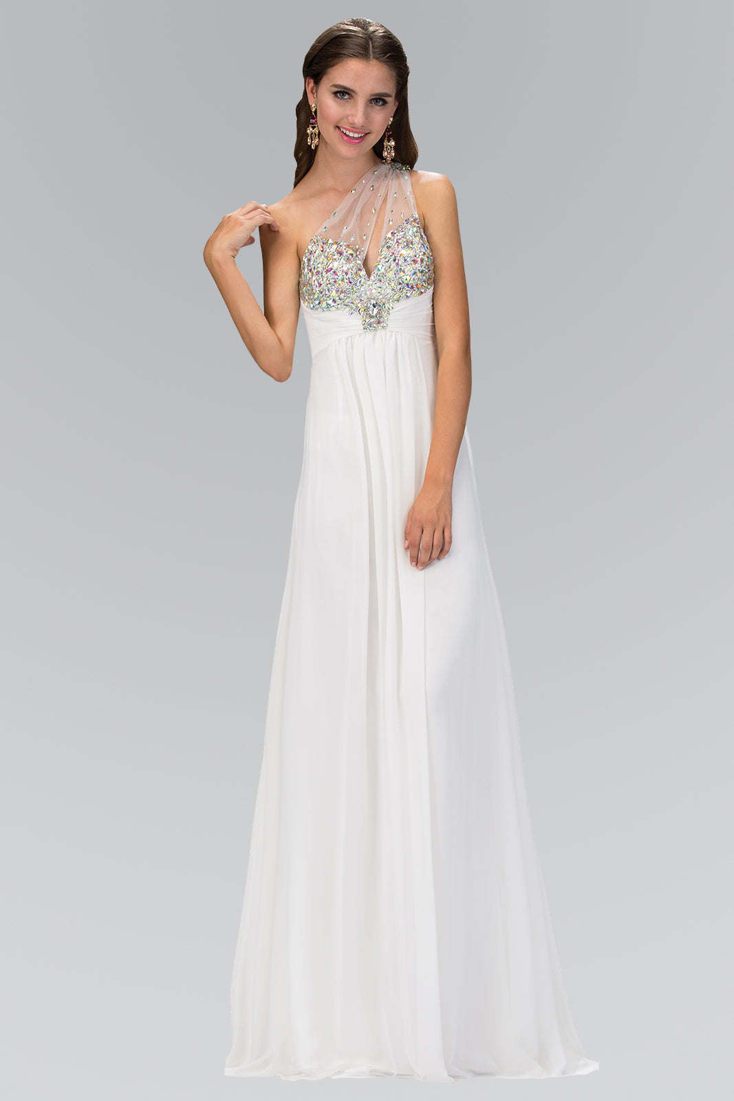 One Shoulder with Jewel Embellished Bodice and Ruched Waistline-smcdress