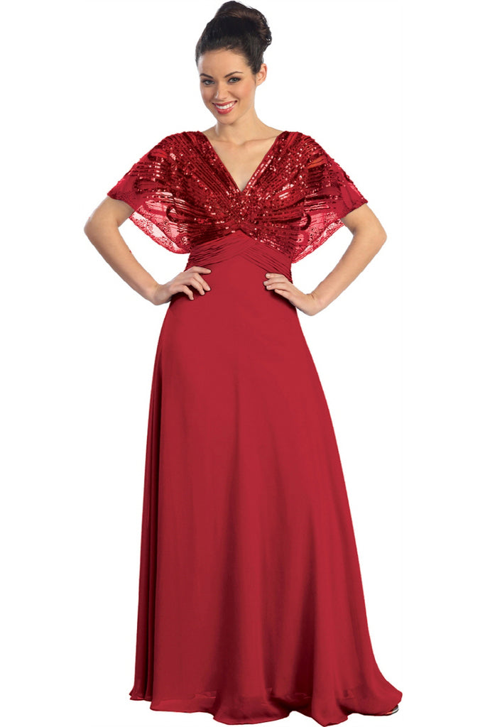 V-Neck Chiffon Long Dress with Sequin Bodice-smcdress