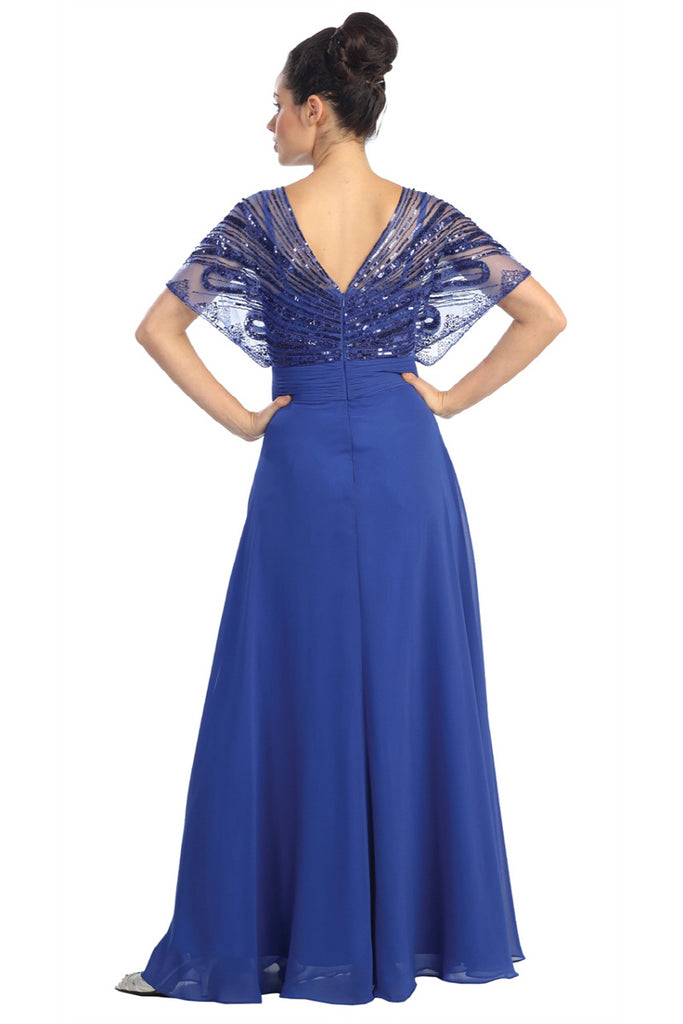 V-Neck Chiffon Long Dress with Sequin Bodice-smcdress