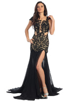 Lace Chiffon Long Dress with Side Slit and Sheer Bodice-smcdress