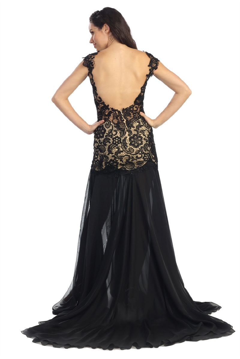 Lace Chiffon Long Dress with Side Slit and Sheer Bodice-smcdress
