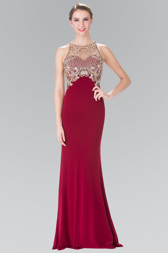 Floor Length Dress with Jewel Embellished Sheer Bodice and Back-smcdress