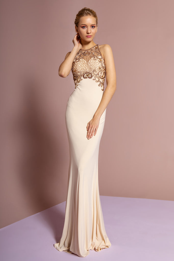 Floor Length Dress with Jewel Embellished Sheer Bodice and Back-smcdress