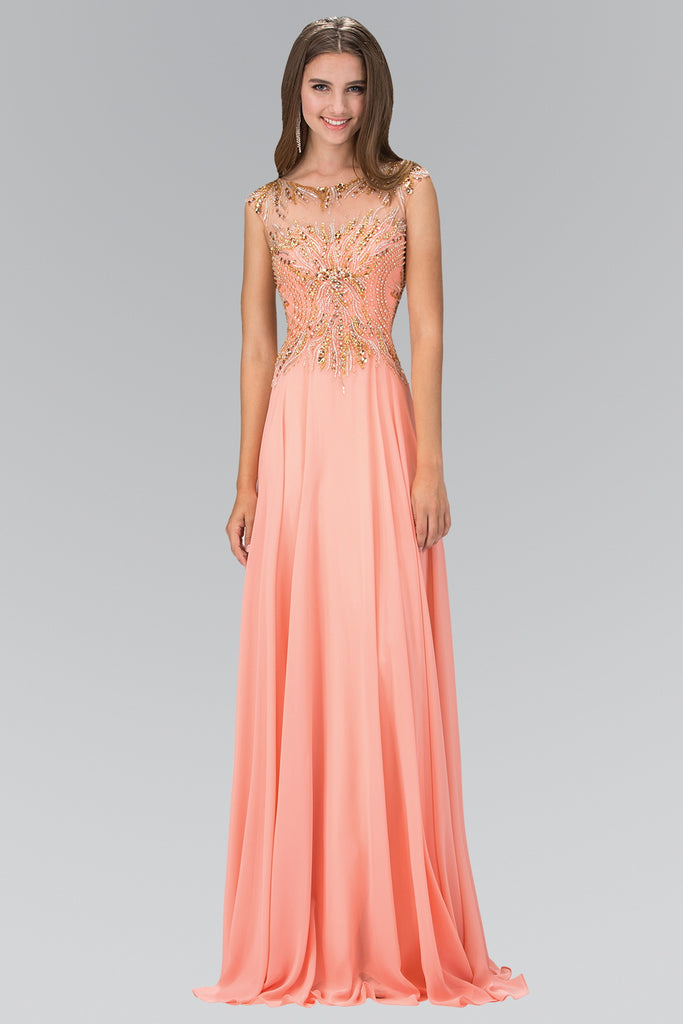 Floor Length Dress with Sheer Back and Bead Embellished Bodice-smcdress