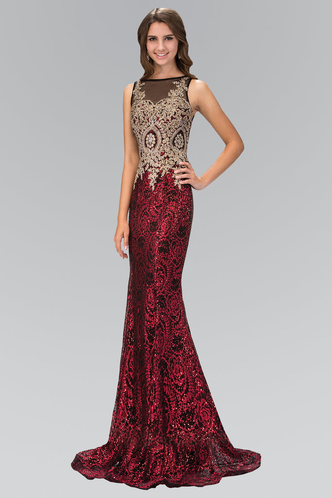 Floor Length Dress with Gold Lace on Bodice and Sequin on Skirt-smcdress